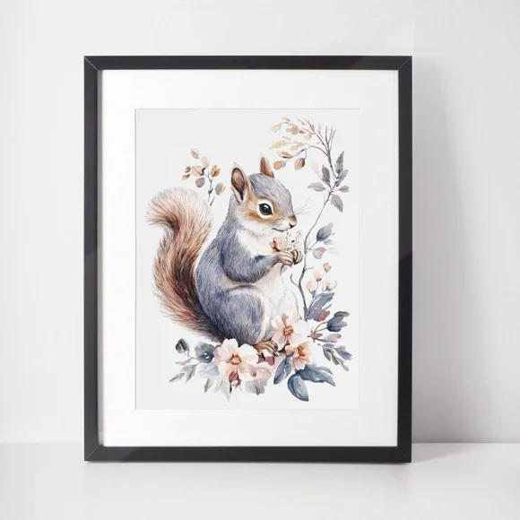 Watercolor Floral Squirrel Portrait Wall Art Illustration Print Poster Unframed - Picture 3 of 9
